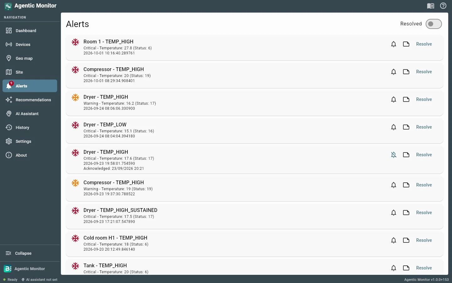Agentic Monitor — alert queue: temperature breaches with severity, acknowledgement and resolution
