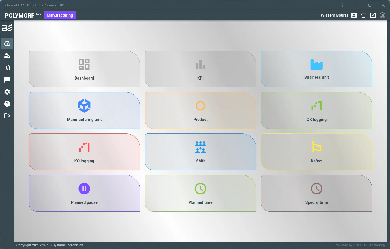 Polymorf ERP — Manufacturing module menu: business unit, manufacturing unit, product, OK and KO logs, team